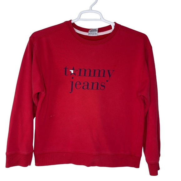Vintage Y2K Tommy Hilfiger Jeans Sweatshirt Women Medium Red Crewneck Star Logo - Picture 1 of 7